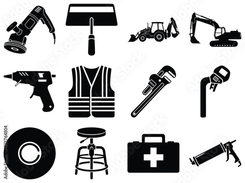 Power Tools and Safety Gear Icons grinder putty knife