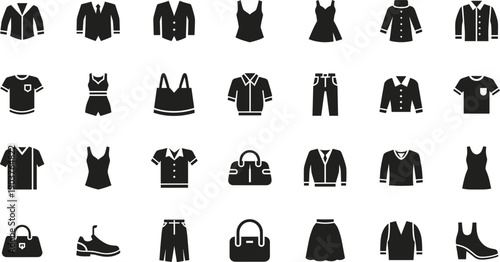 Fashion Solid Vector Icon Set with Clothing, Dresses, Jackets, Shoes, and Accessories for Shopping Apps, Websites, and Style Design Projects.