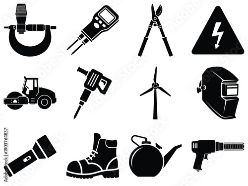 Industrial Tools and Safety Equipment Icons Keywords: micrometer, digital caliper, pruning
