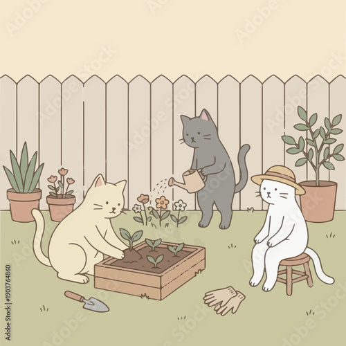 A minimalist digital illustration of three cats working in a garden. Two white cats are planting in a wooden box while a grey cat watches. Cozy garden vibes