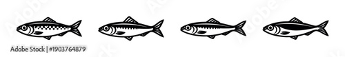 Four fish in row, black and white design, flat vector illustration
