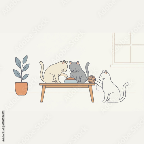 A charming minimalist illustration of three white cats playing together. Two cats are on a wooden table with yarn balls while one cat plays from underneath. Indoor cozy home setting.N