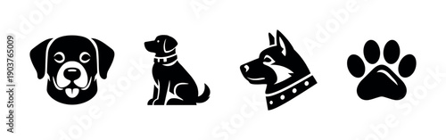Dog silhouettes and paw print icons, flat vector illustration
