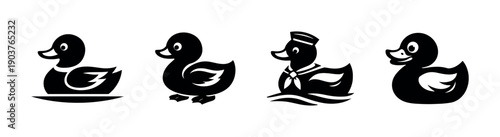 Four cartoon ducks with different outfits, flat vector illustration