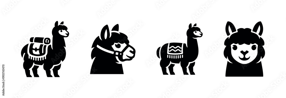 Fototapeta premium Llama silhouettes and heads collection, flat vector illustration