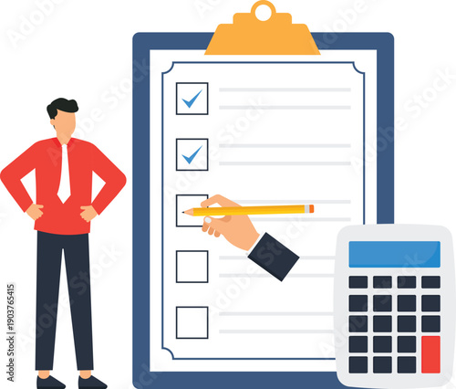 Business planning checklist completion task management financial calculation project assessment corporate accounting productivity goals successful execution modern flat design