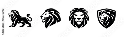 Lion heads and shield design in black and white, flat vector illustration