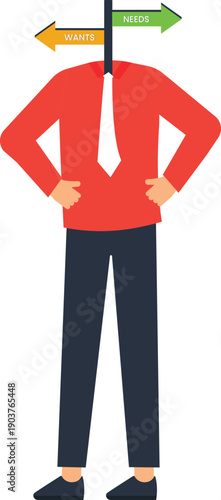 Businessman figure facing decision making wants needs directional signpost representing life choices business choice strategic planning financial planning conceptual illustration