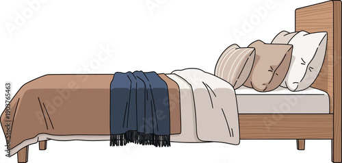 Bed with pillows and blanket, messy unmade bed with pillows and blanket, modern bed with pillows and blanket flat bedroom furniture vector illustration
