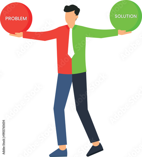 Businessman balancing problem solution spheres conceptual graphic decision making strategic thinking opposing forces options comparison finding answers corporate challenge