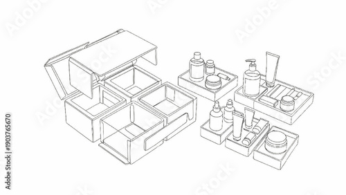 Exploded Eco-Luxury Wellness Kit Packaging Line Art with Product Containers and Modular Trays