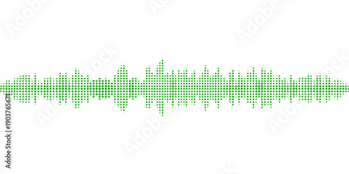 A vibrant green music equalizer illustration featuring a digital sound wave pulse and electronic frequency waveform backdrop designed with modern audio technology lines