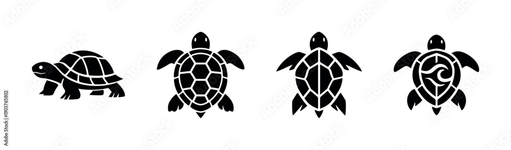 Obraz premium Turtle silhouettes set on white background, flat vector illustration
