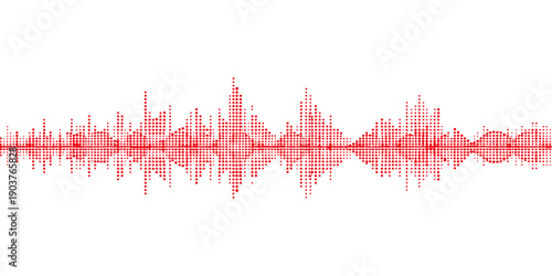 Medical digital technology illustration featuring a red heart pulse waveform on a white background with a blue audio equalizer spectrum and city cityscape line design