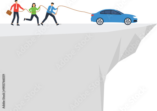 Business team pulling car from cliff edge, financial crisis, corporate rescue, teamwork effort, danger risk, critical situation, debt problem, saving asset, economic downturn