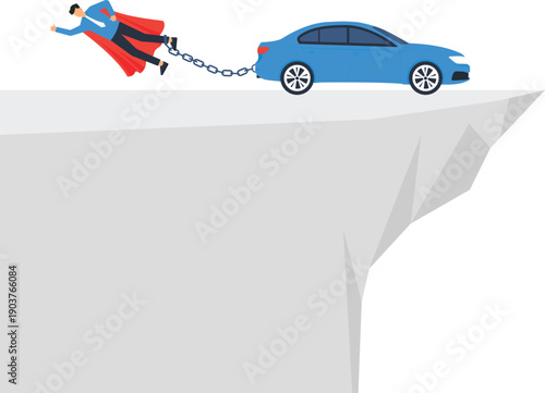 Businessman superhero pulling heavy car chained to cliff edge representing financial burden debt crisis saving investment economic struggle