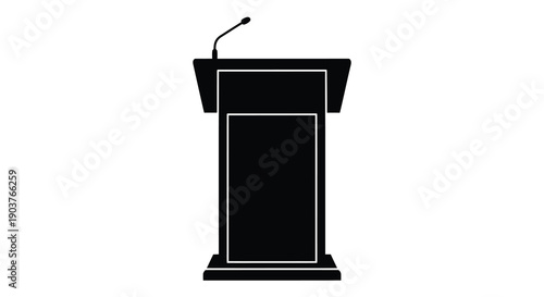 A black podium with a microphone stark against a white background silhouette