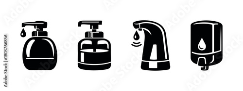 Soap and sanitizer dispensers silhouette set, flat vector illustration