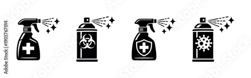 Disinfectant spray bottles and virus icons, flat vector illustration