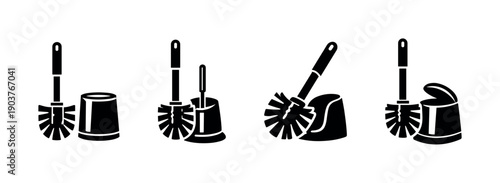 Toilet brush and holder set icon collection, flat vector illustration