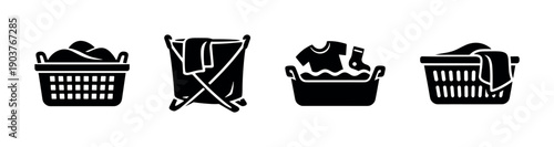 Laundry baskets and hampers collection, flat vector illustration