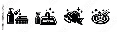 Cleaning tools and supplies icons set, flat vector illustration