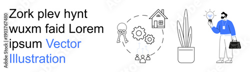 Business strategies, teamwork, remote work, innovation, productivity, entrepreneurship. Man holding a light bulb, house icon with gears group illustration. Business strategies and teamwork concept