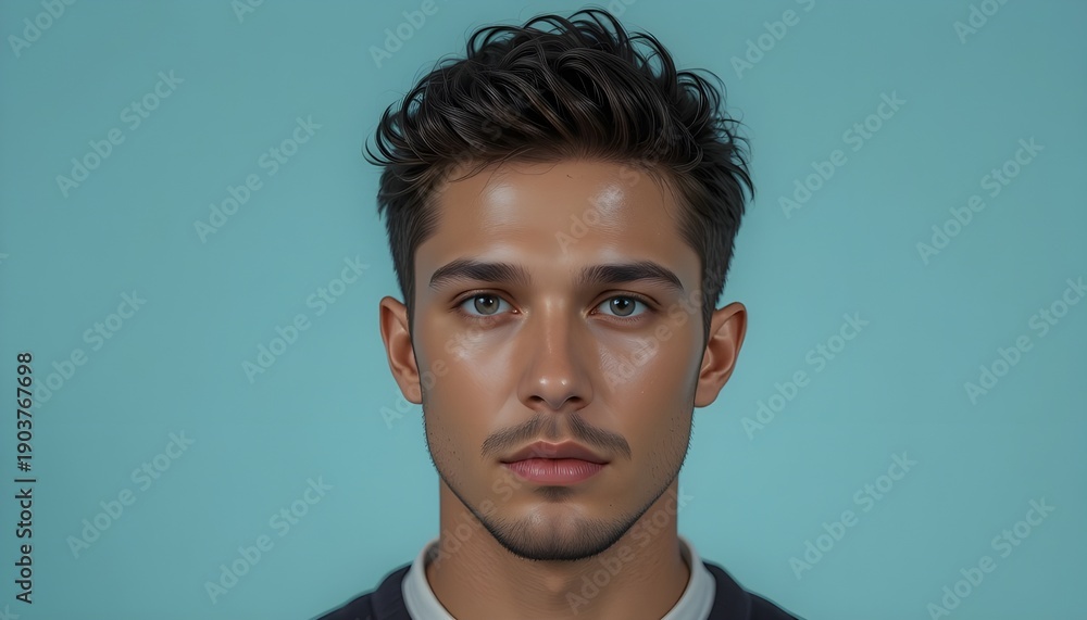 Obraz premium A young man with a serious expression stands against a plain blue background