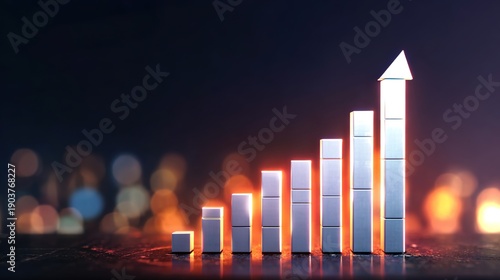 Business Growth Bar Graph: A symbolic bar graph ascending towards a bright future, illustrating continuous growth and success against a bokeh background, representing a company's financial journey.