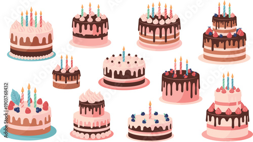 Cute Birthday Cake Vector Set with Candles, Cream Frosting, and Berry Decorations for Party Designs, Bakery Branding, Celebration Graphics, and Event Illustrations