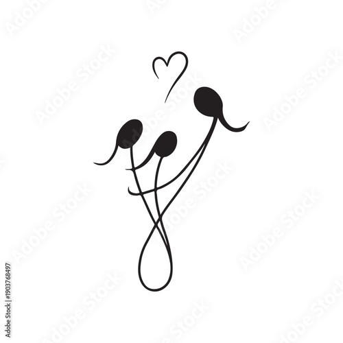 Three black sperm cells with heart symbol above white background vector