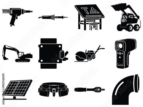 Heavy Machinery and Tools Icons Assortment screw gun
