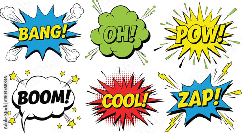 Colorful comic book speech bubbles with bang pow boom zap cool and oh action onomatopoeia vector set