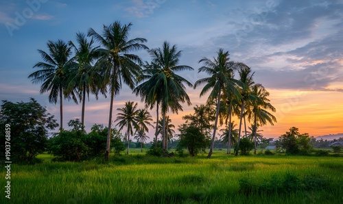 Wallpaper Mural Majestic tropical sunset slowly descends upon field of vibrant green coconut tree their delicate yellow coconut slowly begin glow amidst delicate shade of dusk descending upon Vietnamese lush Fruits Torontodigital.ca