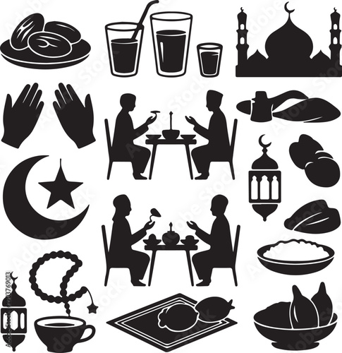 Ramadan icons set with people and food