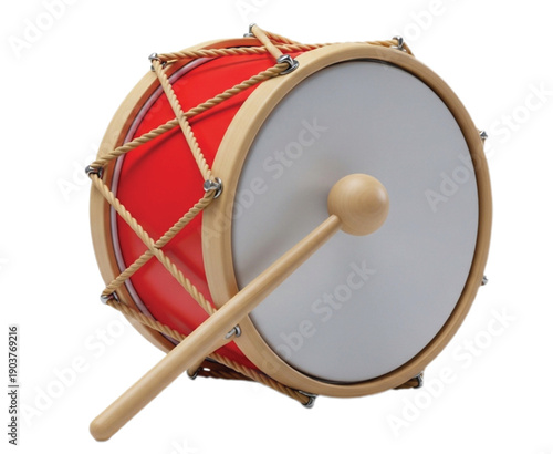 Red drum with beige wooden rims and rope detailing is shown, featuring one drumstick resting diagonally. It conveys a lively musical tone.