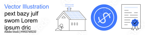 Sustainable living, renewable energy, financial management, certification, real estate, legal documents. A house with solar panels, a dollar symbol and a certified contract. Renewable energy