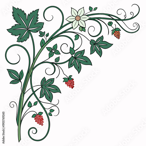 Intricate ivy design with red berries and decorative leaves in a corner