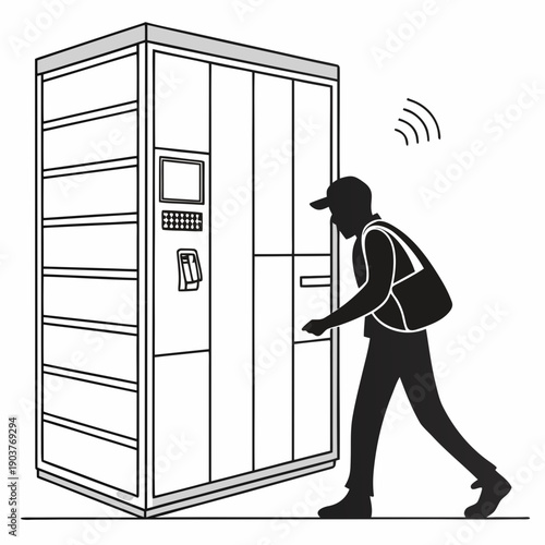 A man in a suit using a mobile device to interact with a smart refrigerator.