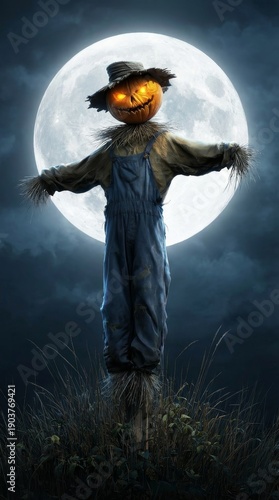 Mysterious pumpkinheaded sentinel stands under moonlight surrounded by misty cornfields
