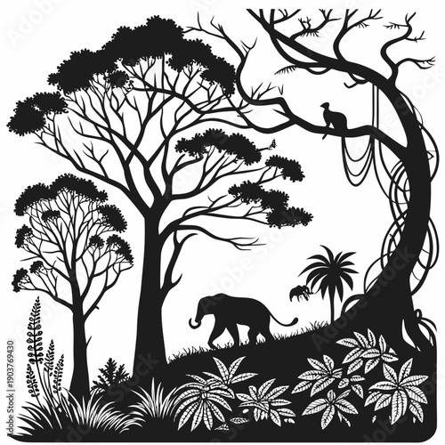 A serene forest scene with a deer and her fawn grazing peacefully under tall trees.