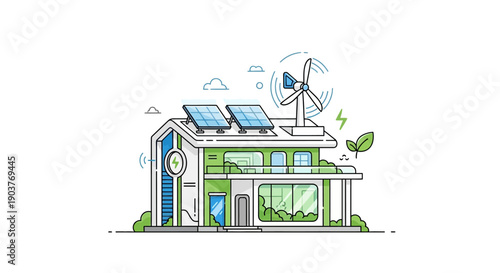 Eco-friendly smart home with solar panels and wind turbine for sustainable living and clean energy