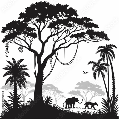 A serene scene of elephants and giraffes grazing under a large tree in the savannah