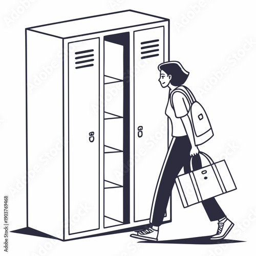 Student carrying books and backpack walking past open locker in school hallway.