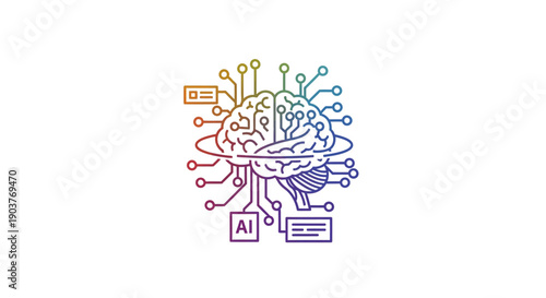 Artificial intelligence brain with circuit board elements representing neural network and machine