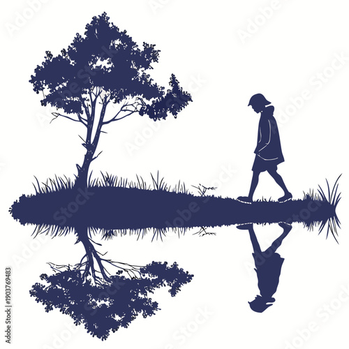 A silhouette of a person walking towards a tree reflected in a body of water.
