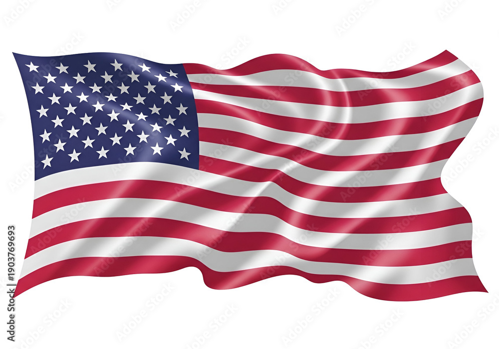 Fototapeta premium Waving American Flag of the United States, displaying vibrant red, white, and blue colors, a patriotic 3D render, isolated on transparent background.