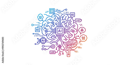 Abstract representation of artificial intelligence brain technology integrating human cognition