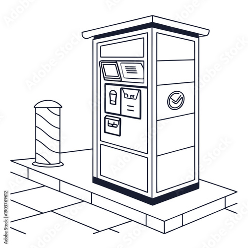 A detailed illustration of a public mailbox and trash can on a sidewalk