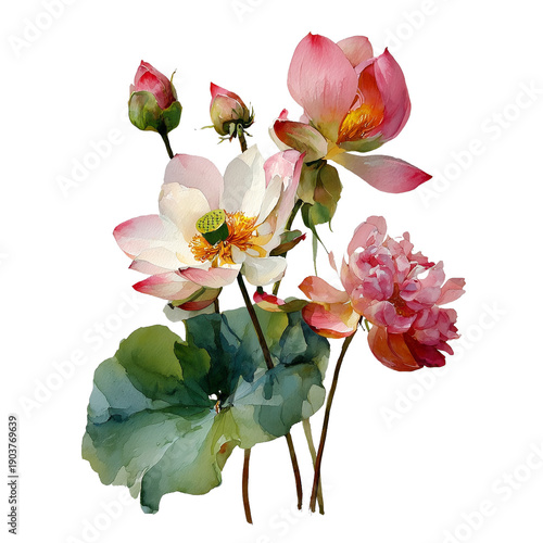 Wallpaper Mural Watercolor pink lotus flowers with buds and leaves isolated on transparent background PNG Torontodigital.ca
